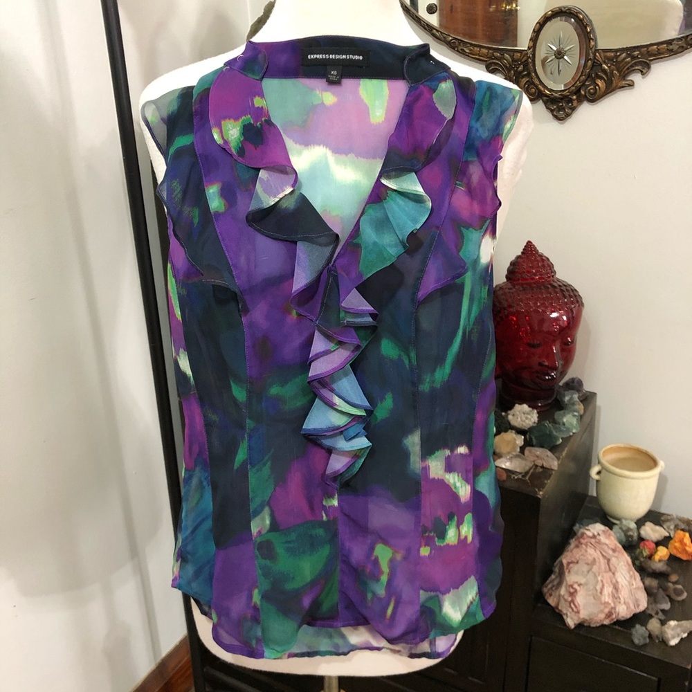 Express XS PURPLE Sleeveless Sheer Ruffle Top